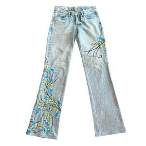 🌴 Bolufe Embroidered Floral Print Bead Embellished Button Fly Blue Denim Jeans